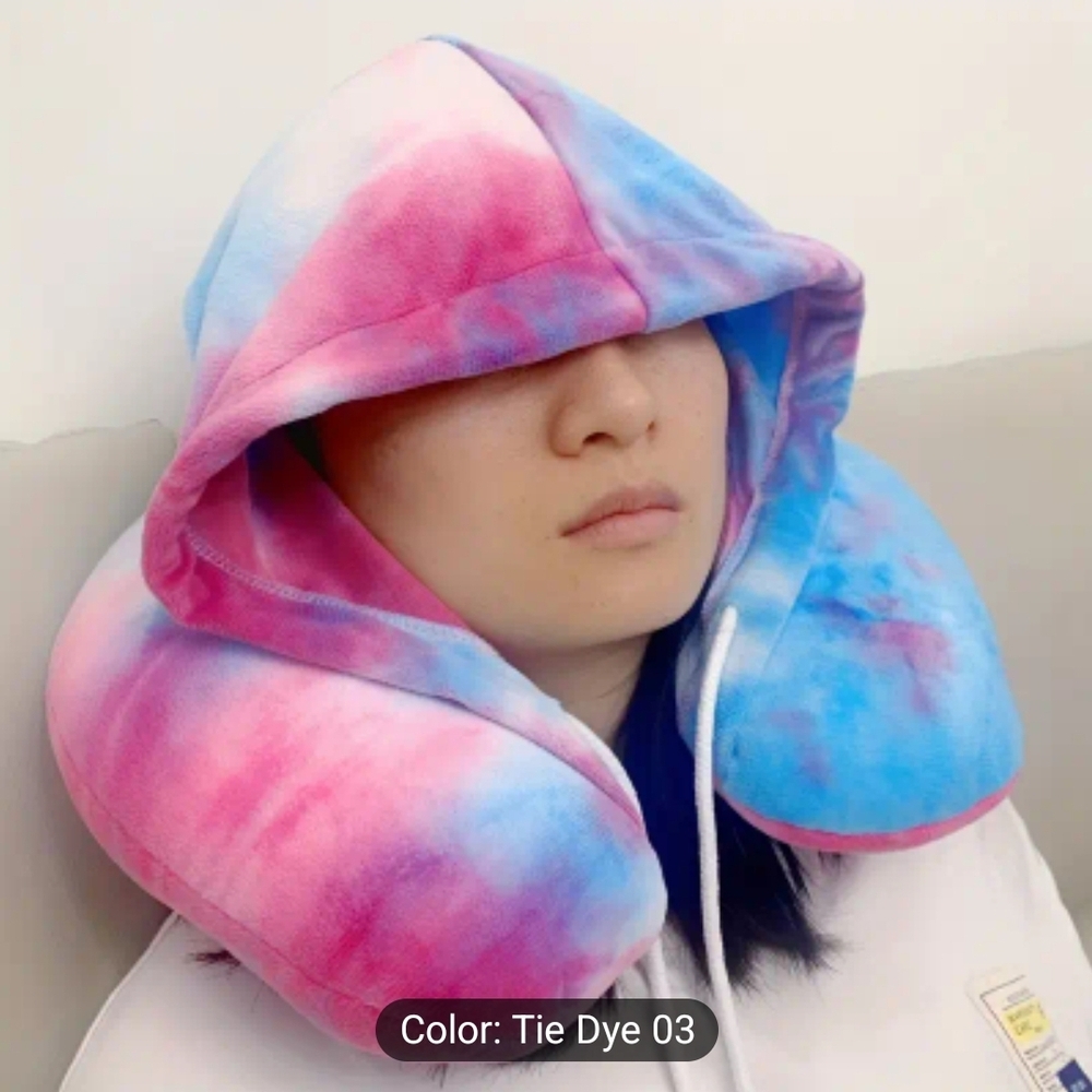 Pink and Blue Tie-Dye Hooded Travel Pillow - U-Shaped Neck Support